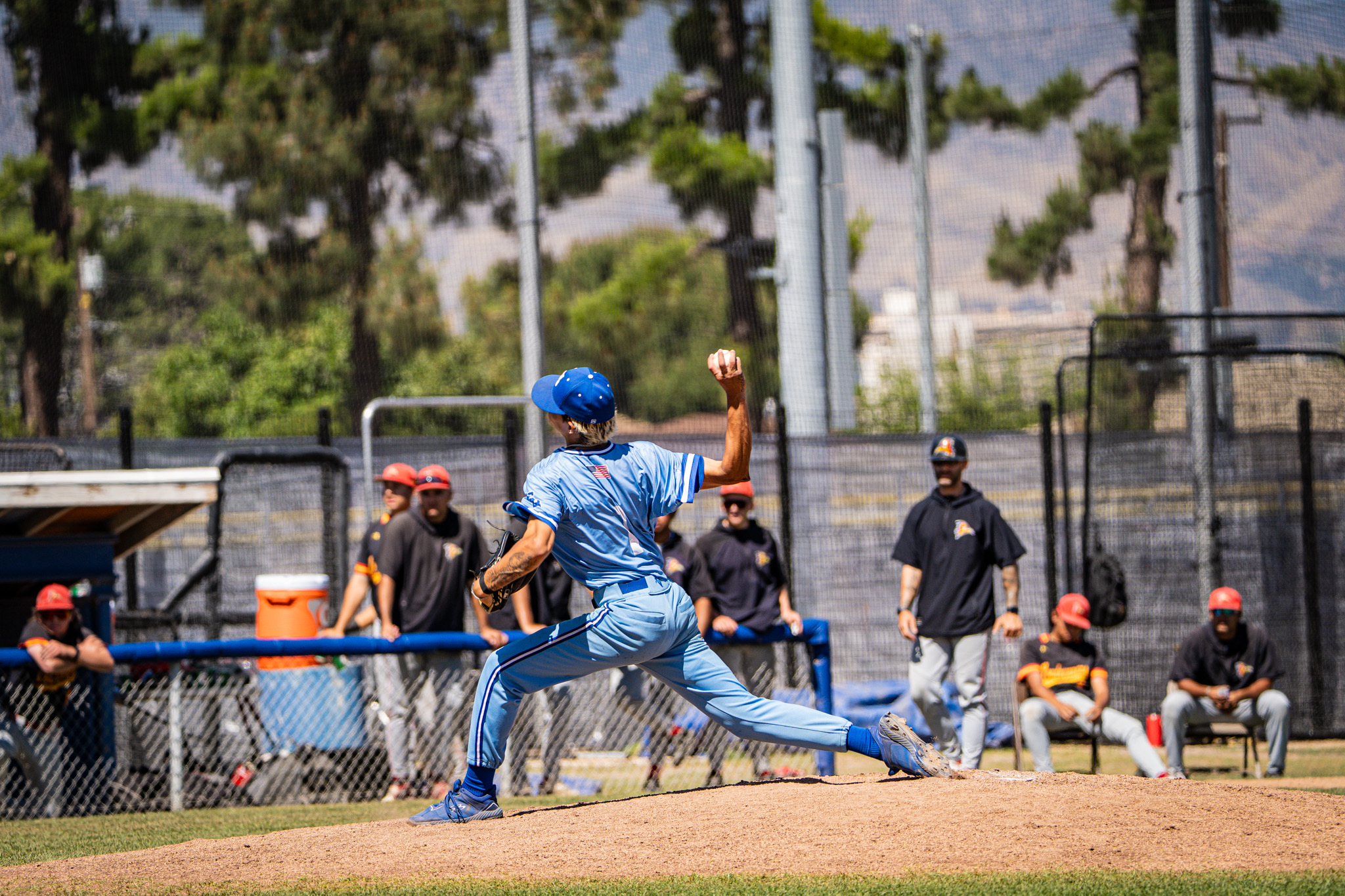 Tomas Melesio/SBVC Athletics
San Bernardino Valley College starting pitcher Tyler Crawford delivers a pitch during the game April 23. Crawford pitched seven innings to pick up the victory.